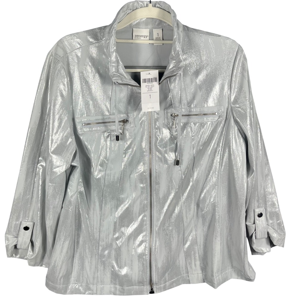 Zenergy Chico's‎ Neema Foil Bay Jacket Womens 1 Silver Metallic Zip Up 570119171